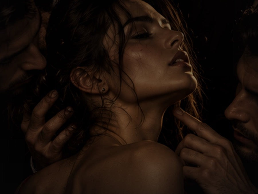 A woman between two men in low light, from chapter one of Before